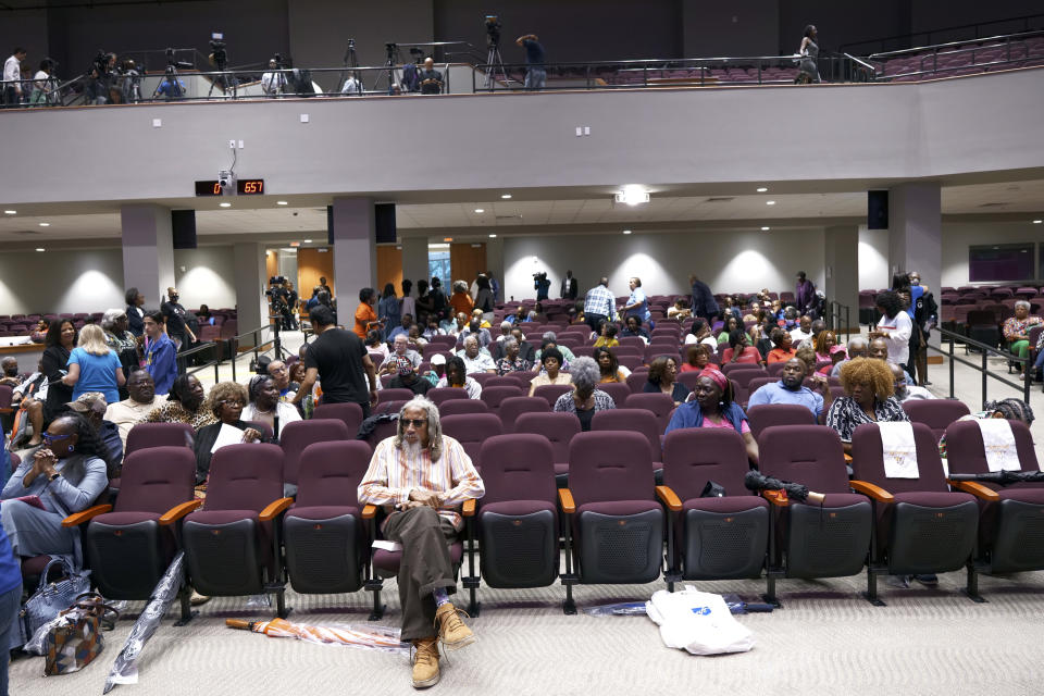 Lawmakers, teachers, school board members and parents gather for a town hall meeting on new Florida curriculum standards for Black history, Thursday, Aug. 10, 2023, in Miami Gardens, Fla. (AP Photo/Daniel Kozin)