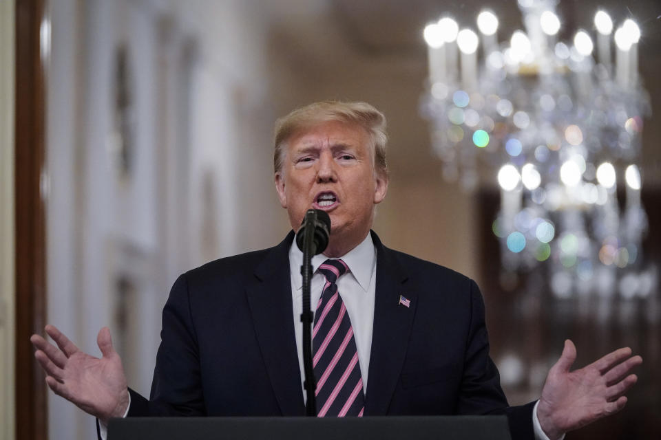 WASHINGTON, DC - FEBRUARY 6: U.S. President Donald Trump speaks to the media in the East Room of the White House one day after the U.S. Senate acquitted him on two articles of impeachment, on February 6, 2020 in Washington, DC. After five months of congressional hearings and investigations about President Trumps dealings with Ukraine, the U.S. Senate formally acquitted the president on Wednesday of charges that he abused his power and obstructed Congress. (Photo by Drew Angerer/Getty Images)