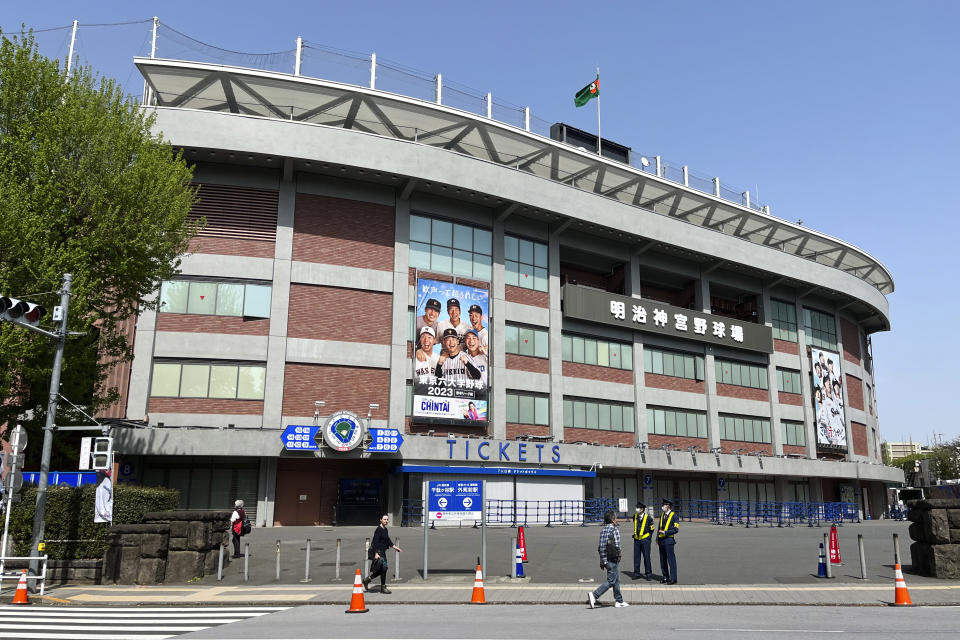 The Meiji Jingu baseball stadium is seen Tuesday, April 11, 2023, in Tokyo. The historic baseball stadium in Tokyo where Babe Ruth played could be demolished, part of a disputed redevelopment plan harshly criticized by environmentalists. (AP Photo/Stephen Wade)