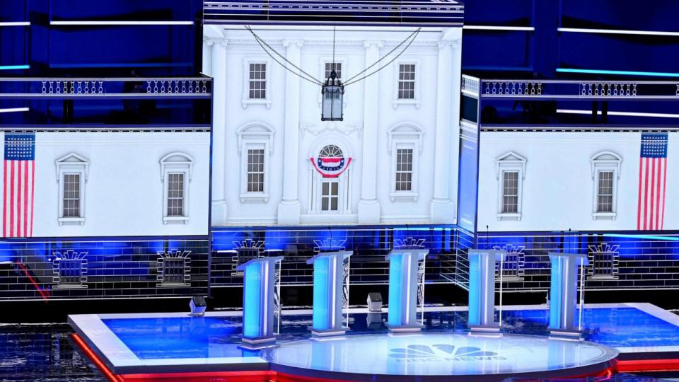 PHOTO: The stage is pictured ahead of the third Republican presidential primary debate at the Knight Concert Hall at the Adrienne Arsht Center for the Performing Arts in Miami, Florida, on November 8, 2023. (Mandel Ngan/AFP via Getty Images)