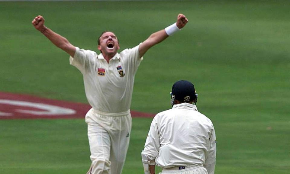 Allan Donald bowls Michael Atherton for a duck in Johannesburg in November 1999