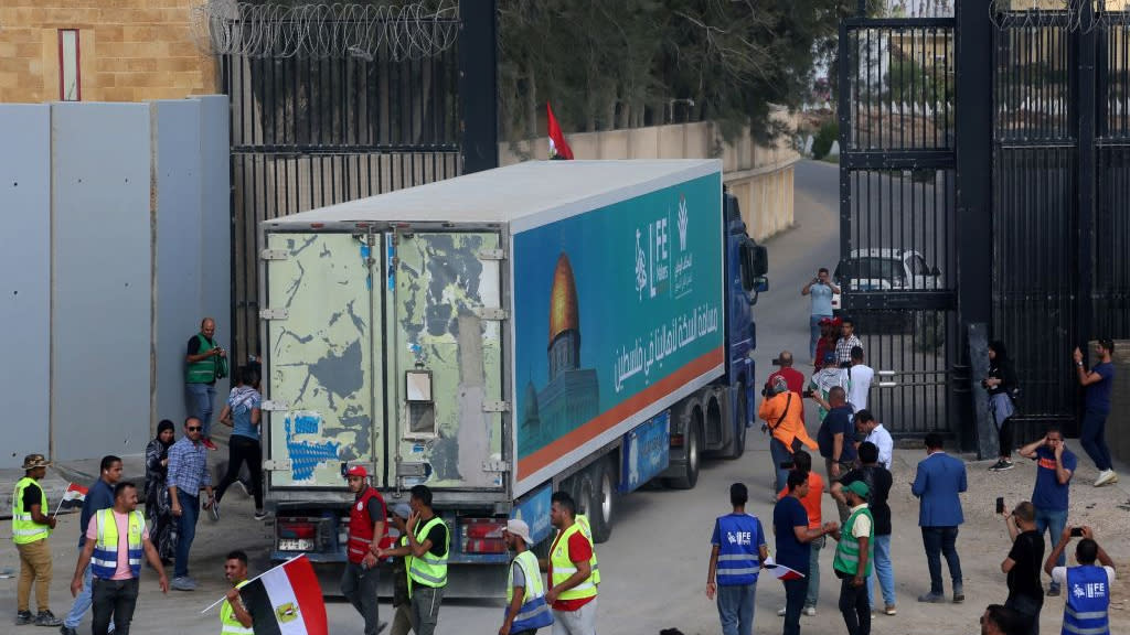  Aid trucks enter Gaza Strip at Egypt's Rafah crossing. 