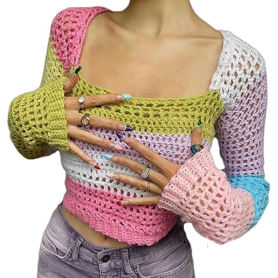 Color Block Crochet Knit Sweater