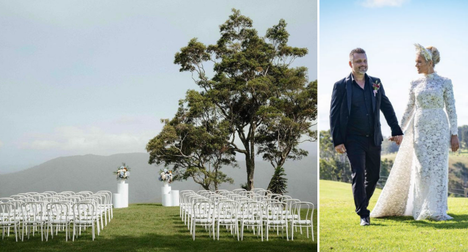 MAFS couple Lucinda and Tim pictured at their wedding (right) and the beautiful view at the venue (left).