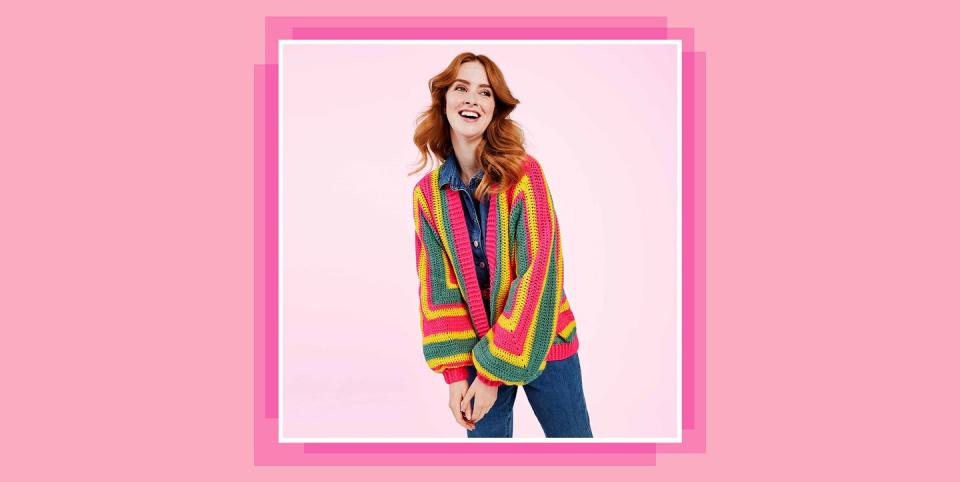 model wearing colourful crochet cardigan