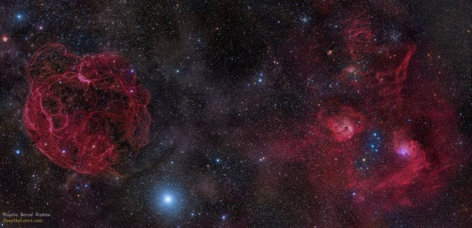 Several celestial objects photographed in the same field of view by <a href="https://www.flickr.com/photos/deepskycolors/" target="_blank">Spanish-American astrophotographer Rogelio Bernal Andreo</a>, including supernova remnant Simeas 147, the "Flaming Star" nebula, nebula IC 410, and galactic clusters M36 and M38. 