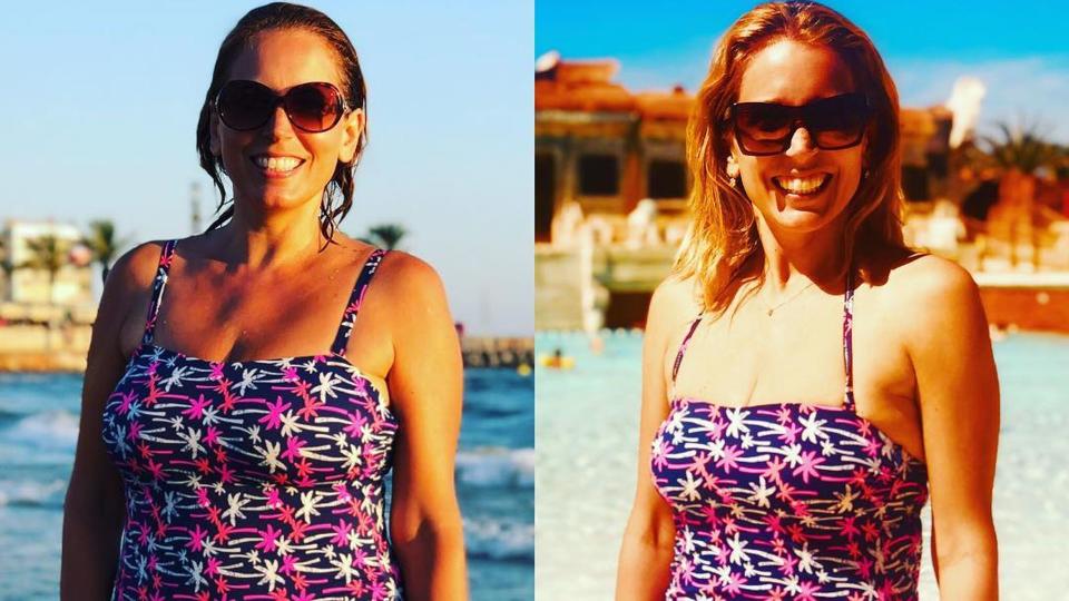 Jasmine Harman in a pink swimsuit in before and after weight loss photos