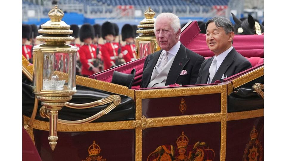 King Charles and Emperor Naruhito travel in the 1902 State Landau Carriage following the Ceremonial Welcome at Horse Guards Parade