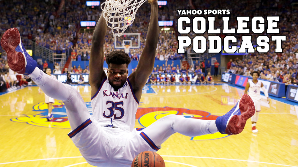 Udoka Azubuike #35 of the Kansas Jayhawks celebrates a slam dunk. His Jayhawks topped the Baylor Bears 64-61 over the weekend. (Photo by Jamie Squire/Getty Images)