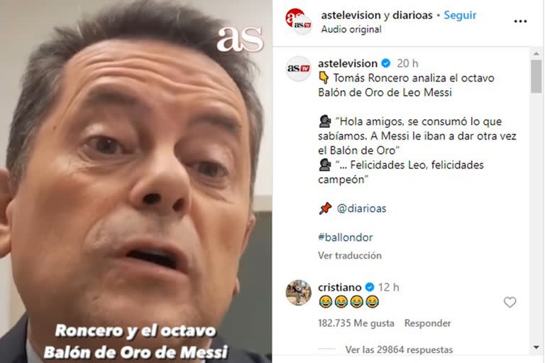 Cristiano Ronaldo comentó con una carita que llora de risa el video de un periodista de As que menosprecia el Balón de Oro que recibió Messi