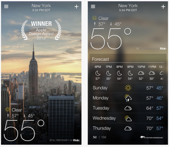 Yahoo氣象App深受網友喜愛，並榮獲2013蘋果年度設計獎Apple Design Awards