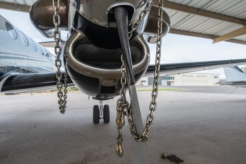 Chains on the plane that carried alleged drug kingpin Ismael "El Mayo" Zambada to the U.S. on Thursday, July 25, 2024.