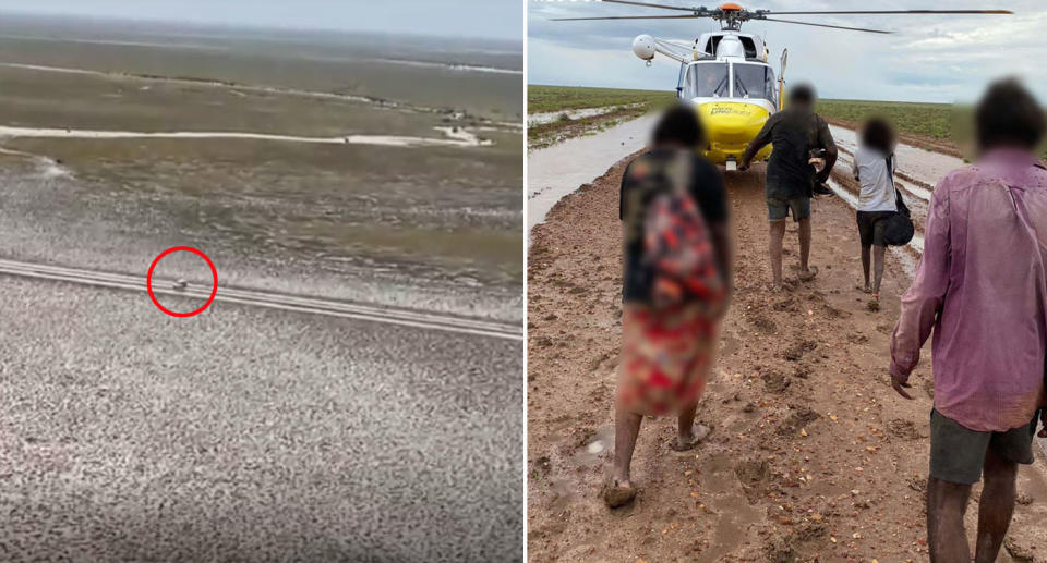 The car bogged in the outback and the missing group being rescued. 