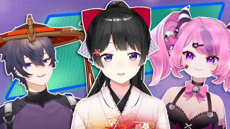Three VTuber avatars, Shxtou, Mito Tsukino, and Ironmouse look out against a purple and green background.