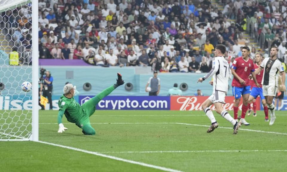 Kai Havertz fires past Keylor Navas to restore Germany’s lead.