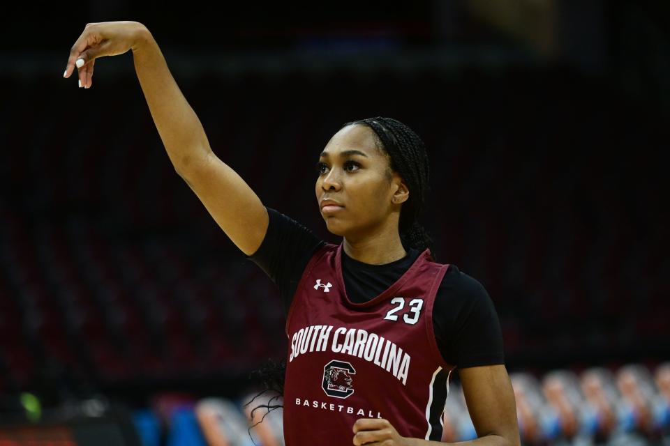 South Carolina guard Bree Hall (23) shoots during a practice session at Rocket Mortgage FieldHouse on Thursday.
