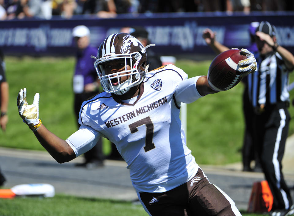 Western Michigan's two-way star, D'Wayne Eskridge, has game-changing speed. (Photo by David Banks/Getty Images)