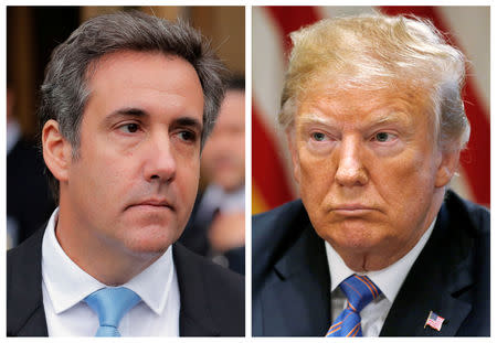 A combination photo shows U.S. President Donald Trump's onetime personal attorney, Michael Cohen and U.S. President Donald Trump from outside federal court in the Manhattan borough of New York City, New York, U.S., April 16, 2018 and in the White House in Washington, U.S., July 18, 2018. REUTERS/Lucas Jackson, Leah Millis/Files