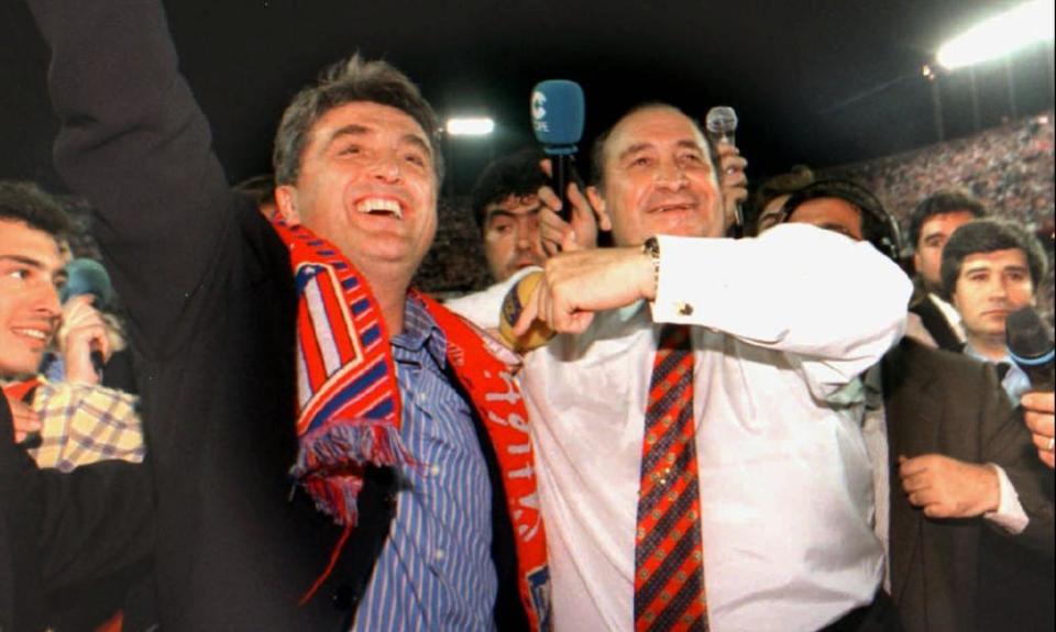 Radomir Antic (left) and the club president Jesús Gill celebrate Atlético’s league title win in 1996.