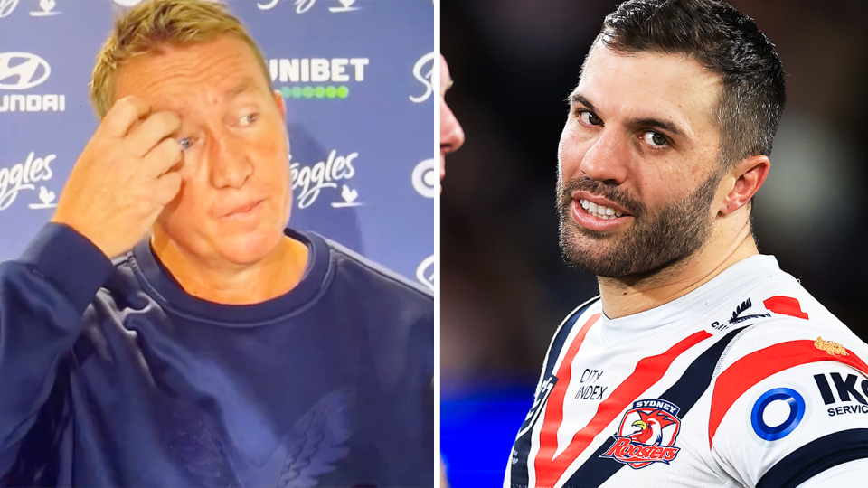 Trent Robinson answers a question and James Tedesco reacts.