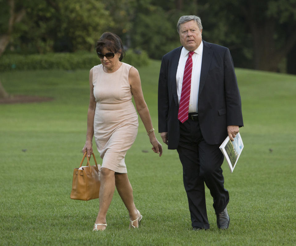 WASHINGTON, D.C. - JUNE 11: (AFP-OUT) Viktor Knavs and Amalija Knavs, parents of U.S. first lady Melania Trump, arrive at the White House with the first family June 11, 2017 in Washington, DC. According to reports, Melania and Barron Trump will soon be moving from Trump Tower in New York City to the White House. (Photo by Chris Kleponis-Pool/Getty Images)