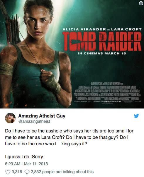 A Twitter user posted this sexist remark about Alicia Vikander's body type compared to that of character Lara Croft's. Source: Twitter/