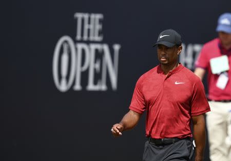 Jul 22, 2018; Carnoustie, Angus, SCT; Tiger Woods on the first tee during the final round of The Open Championship golf tournament at Carnoustie Golf Links. Mandatory Credit: Thomas J. Russo-USA TODAY Sports