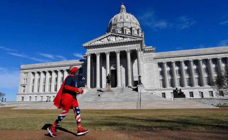 Michael Wheeler, who is a running fixture on the streets around Kansas City, made an appearance at the Missouri State Capitol, in Jefferson City. Wheeler, who is usually decked out in Superman apparel, donned an all-American look in honor of Joe Biden, who was being sworn in as the 48th President of the United States in Washington, D.C.