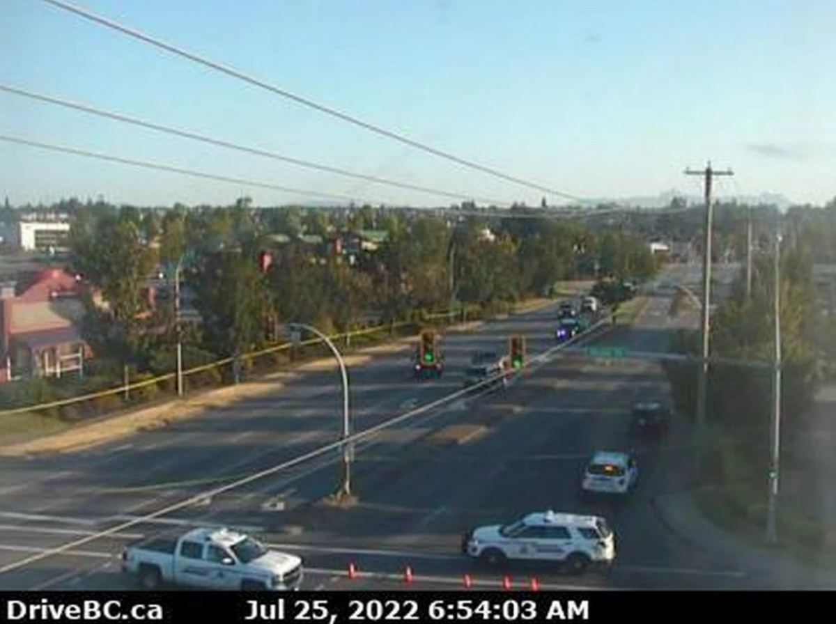 A highway cam of Highway 10 at 200th Street in Langley shows the roads closed down after RCMP issued an emergency alert early in the morning about multiple shooting scenes across Langley City’s downtown (DriveBC.ca)