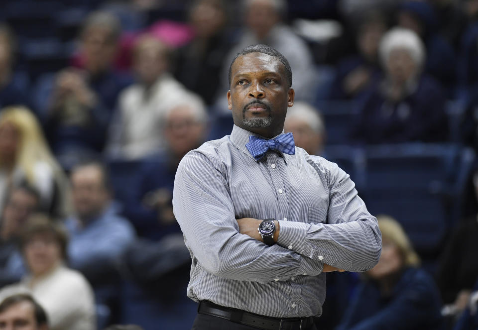 SMU head coach Travis Mays during an NCAA college basketball game, Thursday, Jan. 24, 2019, in Storrs, Conn. (AP Photo/Jessica Hill)