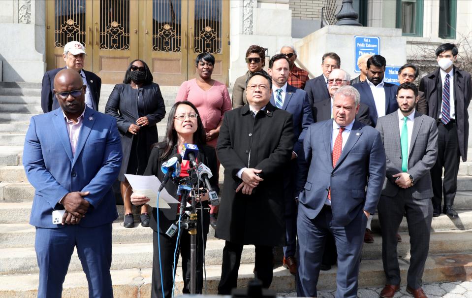 Lisa Hofflich, the founder and chair of the Westchester County Asian American Democrats delivers remarks during a press conference at Yonkers City Hall, March 15, 2022. 