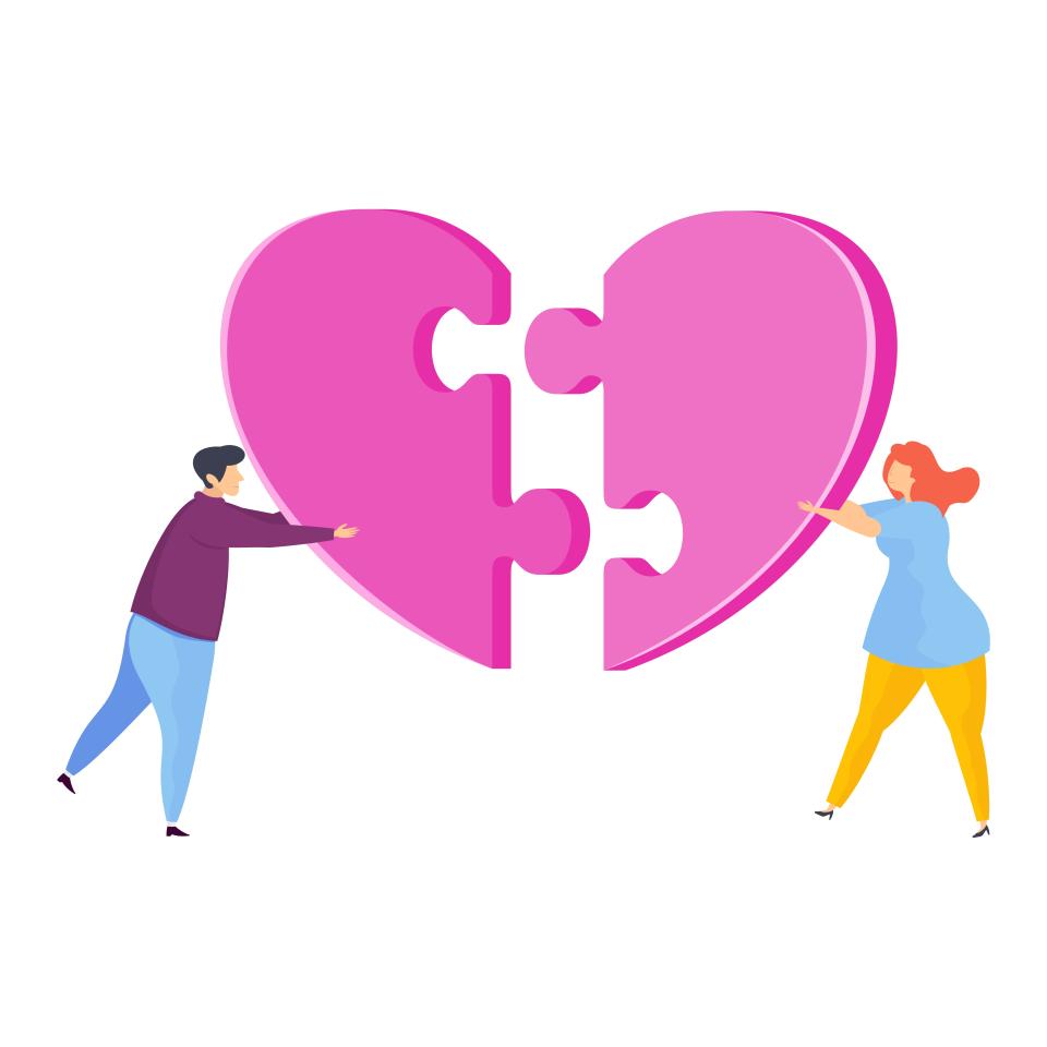 Man and a woman assemble huge jigsaw puzzle in shape of a heart. Metaphor of love, reciprocity and understanding. Greeting card for Valentine's Day. Flat vector illustration.