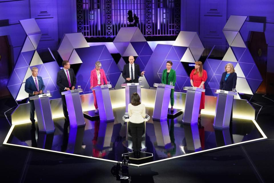 From left, Reform UK leader Nigel Farage, leader of Plaid Cymru Rhun ap Iorwerth, Liberal Democrat deputy leader Daisy Cooper, Stephen Flynn of the SNP, co-leader of the Green Party Carla Denyer, deputy Labour leader Angela Rayner and Commons Leader Penny Mordaunt, take part in the BBC Election Debate hosted by BBC news presenter Mishal Husain (Stefan Rousseau/PA) (PA Wire)