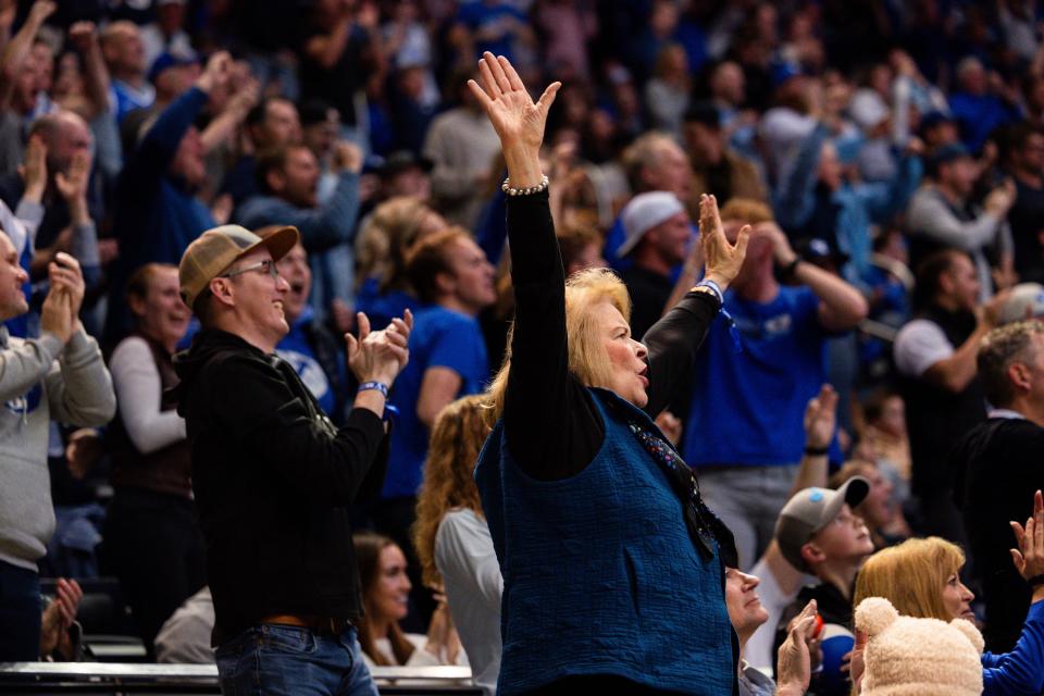 Brigham Young Cougars fans cheer during a men’s college basketball game between Brigham Young University and Baylor University at the Marriott Center in Provo on Tuesday, Feb. 20, 2024. | Megan Nielsen, Deseret News