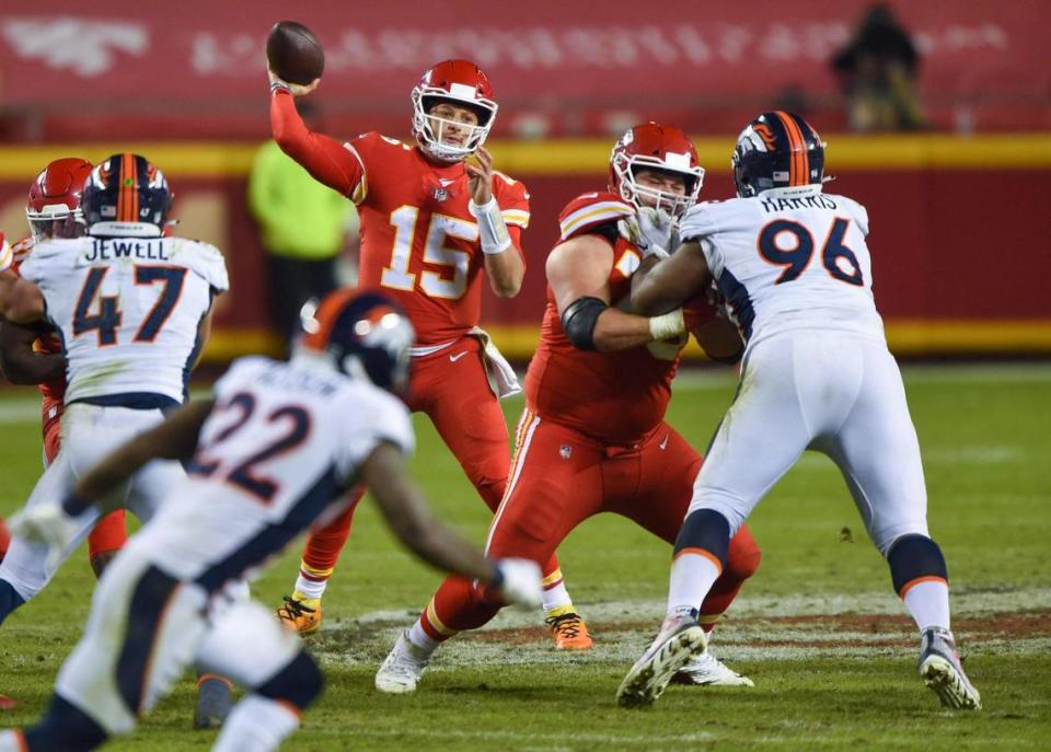 Kansas City Chiefs quarterback Patrick Mahomes (15) gets off a pass in the second-half against the Denver Broncos at Arrowhead Stadium on Sunday, Dec. 6, 2020, in Kansas City. The Chiefs defeated the Broncos, 22-16.