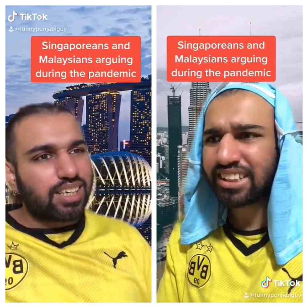 Calvin Singh plays a Malaysian and a Singaporean comparing their lives during the Covid-19 pandemic. — Twitter/FunnyPunjabiGuy screengrabs