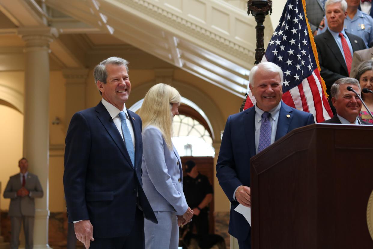 Gov. Brian Kemp, First Lady of Georgia Marty Kemp and House Speaker Jon Burns at a bill signing ceremony on May 7, 2024 in Atlanta.
