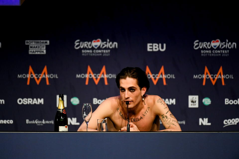 Vocalist Damiano David from Italy's Maneskin speaks during a news conference after winning the 2021 Eurovision Song Contest in Rotterdam, Netherlands, May 23, 2021. REUTERS/Piroschka van de Wouw