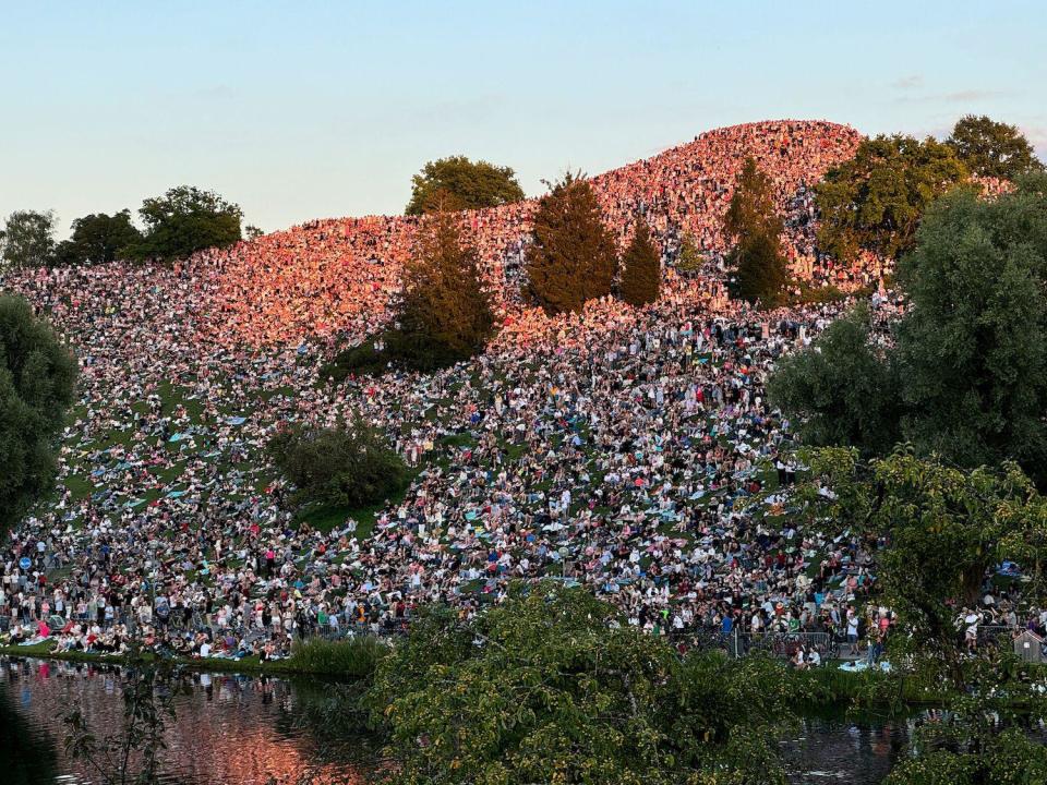 Thousands of fans packed a hill in front of Munich's Olympiaberg stadium to see Taylor Swift perform last month.