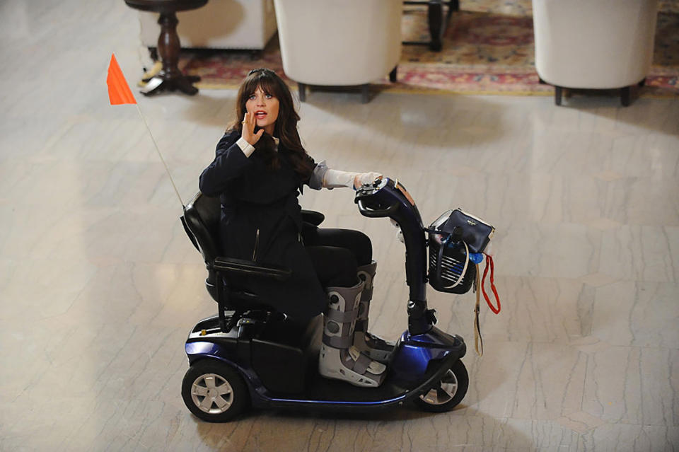 <p>Deschanel was pregnant with daughter Elsie Otter in 2015 while filming the hit show <em>New Girl</em>. The show runners found creative ways to hide her bump, like having Deschanel's character, Jessica Day, get injured and ride around on a motorized scooter, and eventually sending her character off to jury duty when Deschanel needed to take her maternity leave. </p>