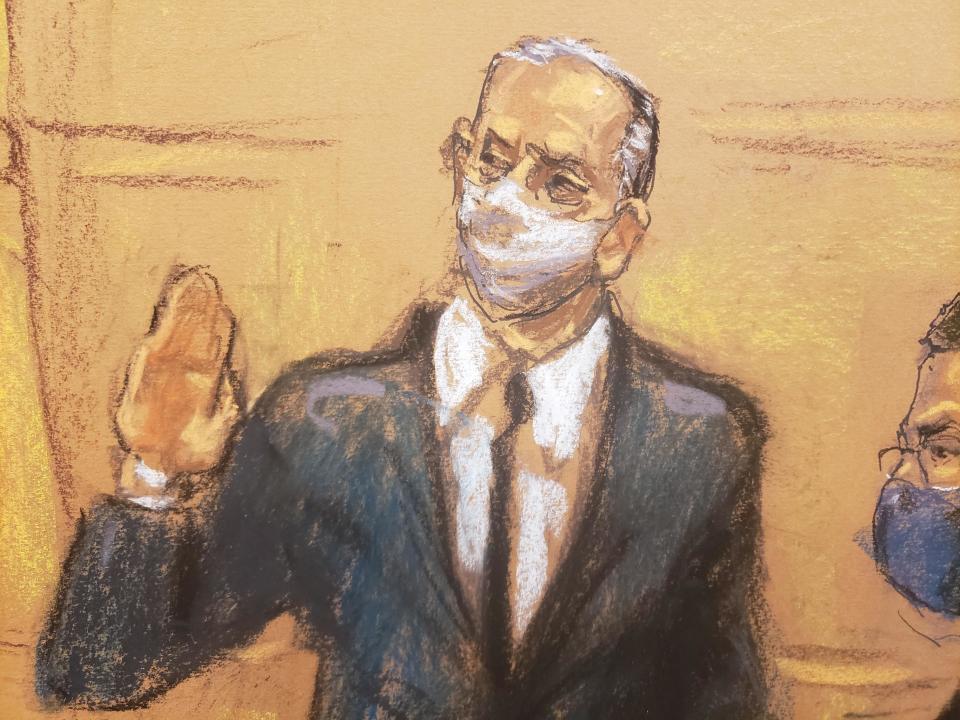 An artist's rendering of former Mexican Defense Minister Salvador Cienfuegos Zepeda appearing in federal court in New York on Wednesday, November 18, 2020. / Credit: Jane Rosenberg