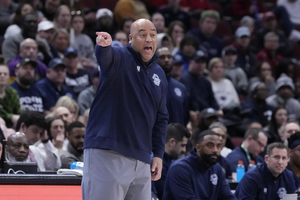 Penn State head coach Micah Shrewsberry directs his team during the first half of an NCAA college basketball game against the Penn State at the Big Ten men's tournament, Friday, March 10, 2023, in Chicago. (AP Photo/Charles Rex Arbogast)