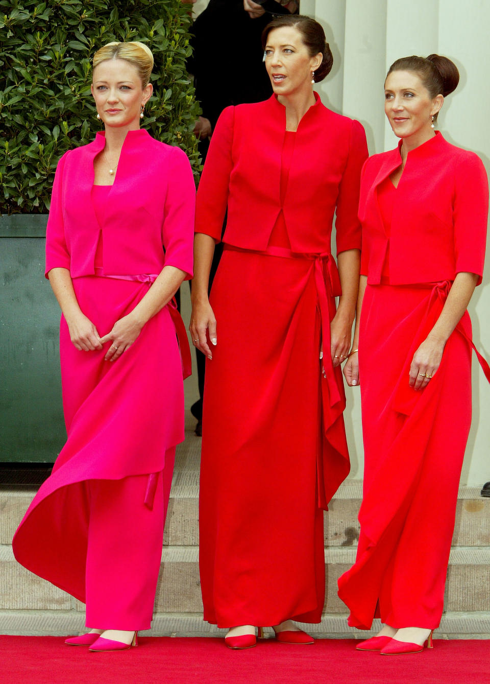 Mary Donaldson's bridesmaids, Jane Alison Stephens,Patricia Anne Bailey and her friend Amber Petty wait for the bride to arrive at Copenhagen Cathedral May 14, 2004 in Copenhagen, Denmark. The romance between Mary Donaldson and Crown Prince Frederik began in 2000 when Ms. Donaldson met the heir to one of Europe's oldest monarchies over drinks at the Sydney Olympics, where he was with the Danish sailing team. 