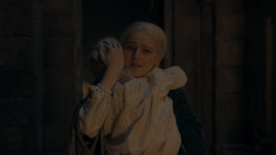 Phia Saban as Helaena Targaryen running from Blood and Cheese in House of the Dragon Season 2x01 screenshot