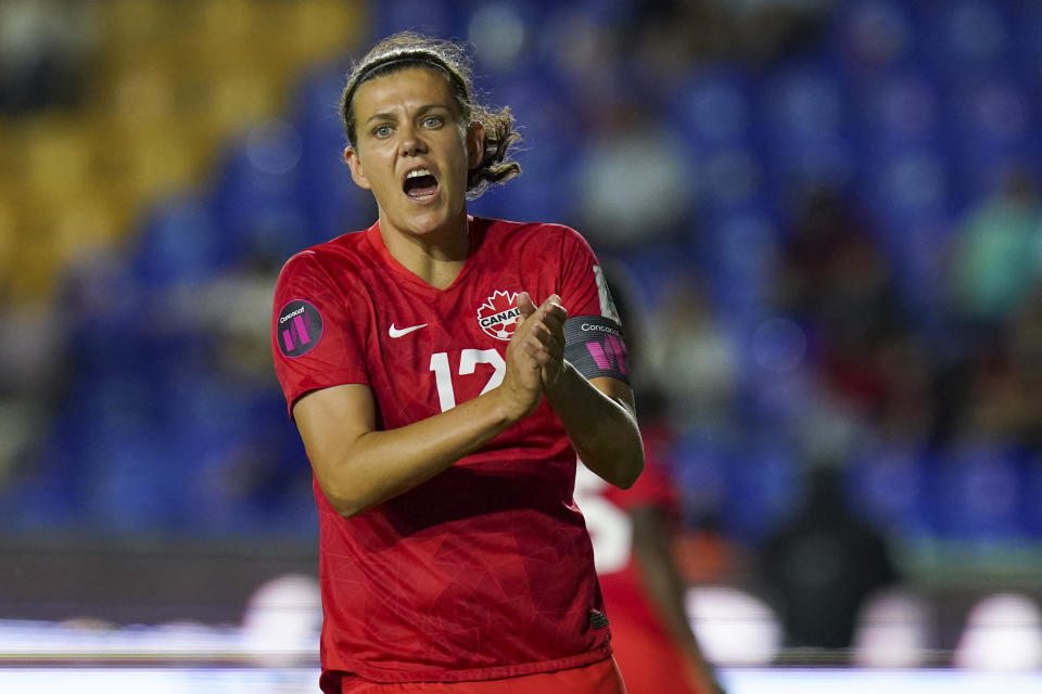 FILE - Canada's Christine Sinclair reacts during a CONCACAF Women's Championship soccer semifinal match against Jamaica in Monterrey, Mexico, Thursday, July 14, 2022. Sinclair has played for the Portland Thorns since 2013, at the start of the National Women's Soccer League. Now the Thorns are preparing for Saturday's NWSL championship game in Washington D.C. against the Kansas City Current, in a match broadcast in primetime on CBS.(AP Photo/Fernando Llano, File)