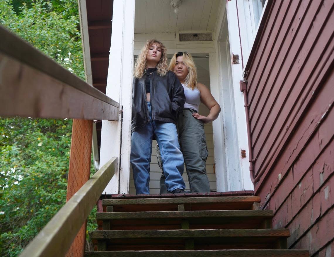 True Ward, left, and Hanuri Kim stand at the top of the stairs in a property they rented from Lakeway Realty at 809 High Street on Wednesday, Sept. 27, 2023. The unit was not cleaned when Ward and Kim moved in. The tenants also had several habitability concerns regarding the state of the unit and were able to break their lease with Lakeway.