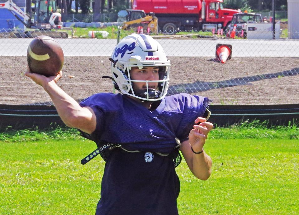 Rockland QB Jordan DePina gets in some throws to his receivers during the first full day of practice on Thursday, August 24, 2023.