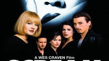 the poster for the classic horror movie scream, featuring the faces of the young cast