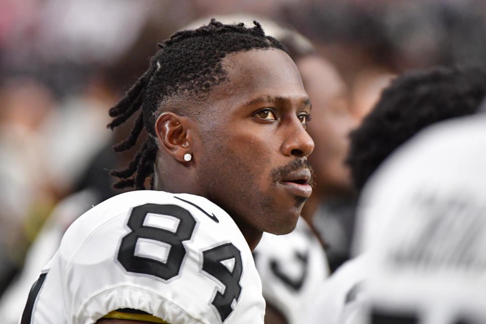 Aug 15, 2019; Glendale, AZ, USA; Oakland Raiders wide receiver Antonio Brown (84) looks on during the first half against the Arizona Cardinals during a preseason game at State Farm Stadium. Mandatory Credit: Matt Kartozian-USA TODAY Sports