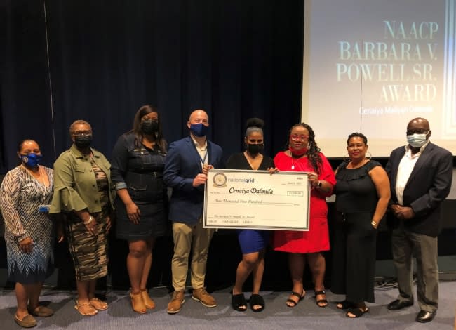 (Pictured l to r): Toni Ebron, NAACP; Bridget Pratt, NAACP; Regina Armstrong, Hempstead Superintendent of Schools; Brian Sapp, National Grid; Cenaiya Dalmida (recipient); Rosanne Small- Morgan, National Grid; Barbara Powell, President, Hempstead NAACP; Lucky Irowa, NAACP